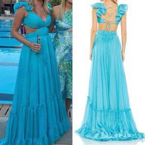 NWT Mac Duggal 70254 Turquoise Blue Ruffle Chiffon Cutout Maxi Dress 10